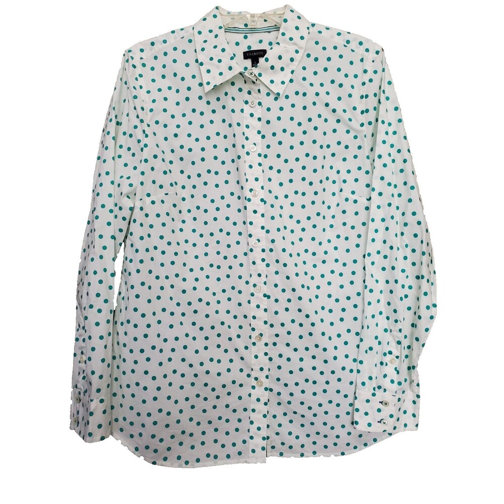 Talbots Cotton Green Polka Dot Long Sleeve Button-Up Shirt Size Large NWOT